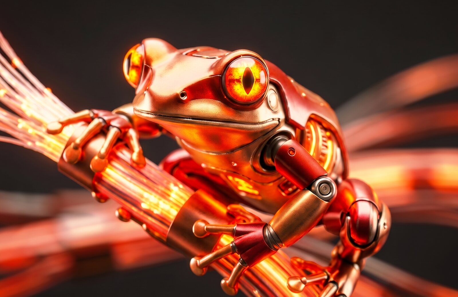 A copper robotic coquí with glowing ember eyes perched on glowing fiber-optic strands